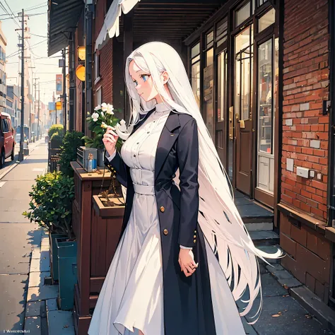 (best quality,4k,8k,highres,masterpiece:1.2),ultra-detailed,physically-based rendering,portraits,realistic,photorealistic:1.37,studio lighting,HDR,UHD,vivid colors,bokeh,A woman in a vibrant blue coat, with a delicate white dress, clear blue eyes, and flow...