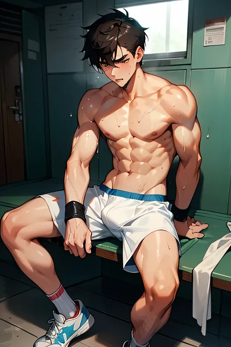 shirtless, super muscular, sweat-drenched body, dripping with sweat, 22-year old short black hair handsome caucasian male wearing sweat-drenched white boxing shorts and boxing shoes, panting, sitting on the bench, very exhausted, drenched with sweat, towel...