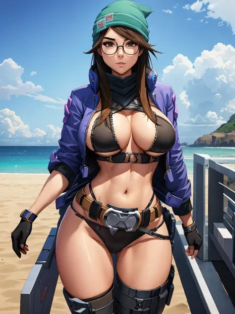 beanie,belt,big breasts,cybernetics,g-string,glasses,high tagia,jacket,micro bikini,revealing clothes,skimpy,visible breasts