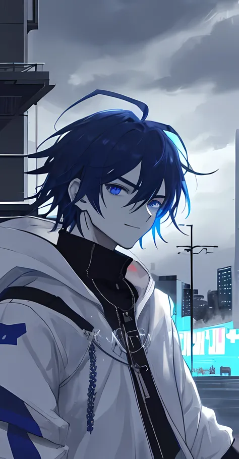 male personagem, cabelo branco, usando uma jaqueta escura, Sozinho, esquema de cores azul e preto, intense gaze, atmosfera escura e arenosa, ambiente urbano, dramatic lighting, sorriso malicioso, stoic look, Paisagem urbana, chuviscando,