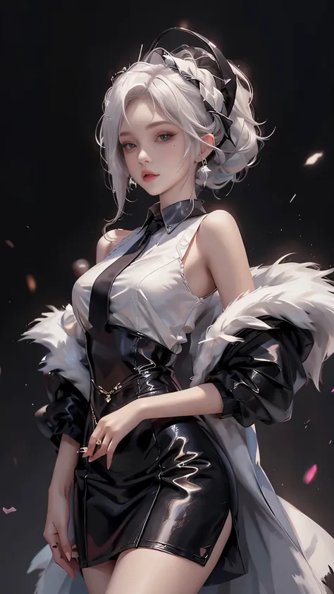 Photorealistic, high resolution, 1 Women, Solo, Hips up,(Lolita costume)， Beautiful eyes, White hair, ringed eyes, Collared shirt,black necktie,Black skirt, pencil skirts, Fur coat