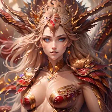 (best quality,4k,8k,highres,masterpiece:1.2, portrait), ultra-detailed, realistic, naked sexy dragon woman with red and gold glittering scales, skin is glittering ruby and golden scales, long wavy blonde hair with red highlights, very playful but mischievo...