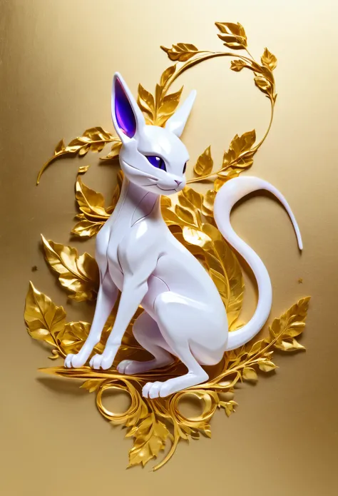 Gold Leaf Art，cute Mewtwo made of Gold Leaf，Concept Design，negative space，golden ratio，Compared，clear，HD，reality，2D，