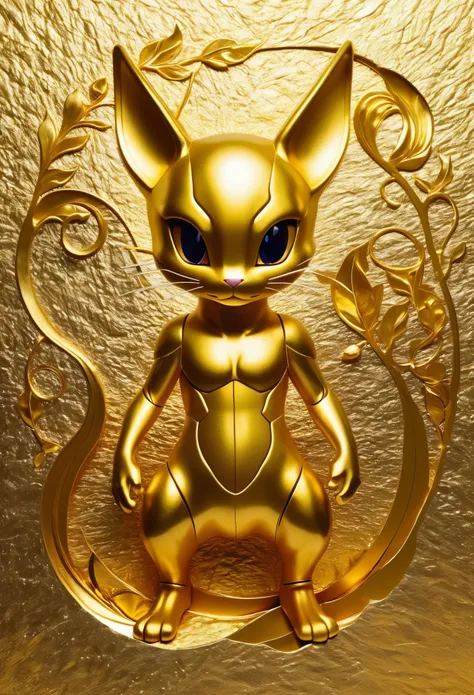 (Gold Leaf Art，cute Mewtwo made of Gold Leaf:1.5)，Concept Design，negative space，golden ratio，Compared，clear，HD，reality，2D，Flat engraving，