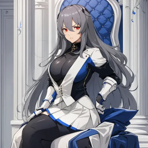 A woman wearing a blue and white coat, tight black suit, gloves, long gray hair, white skirt with blue details, long gray stockings, red eyes, serious face, on a platform with white pillars, large breasts, boots , HDR, ultra resolution, sharp, masterpiece,...