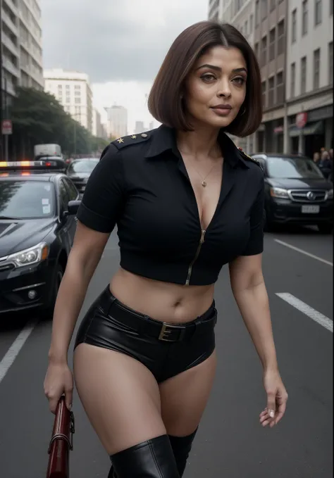 50yo mature MILF Aishwarya Rai as weapons specialist police officer, Red Cotton police uniform, tight unbuttoned open shirt, ((ankle boots)), ((bob cut hair)), mature athletic curvaceous milf body, ((catwalk in daylight in street)), hourglass milf figure, ...