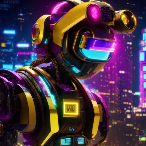 （（（side view）））side close-up，a close up of a robot with a glowing head and a purple background, cyber mech, in style of beeple, ...