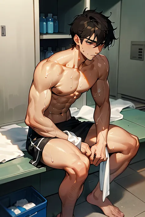 shirtless, super muscular, sweat-drenched body, dripping with sweat, 22-year old short black hair handsome caucasian male wearing a towel wrapped on the waist, barefoot, panting, sitting on the bench, very exhausted, drenched with sweat, towel, bottled wat...