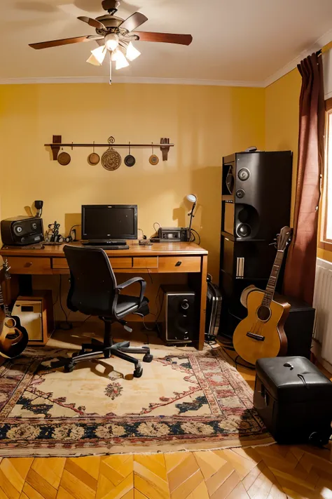 habitacion grande con instrumentos y equipo para grabar canciones, todo moderno