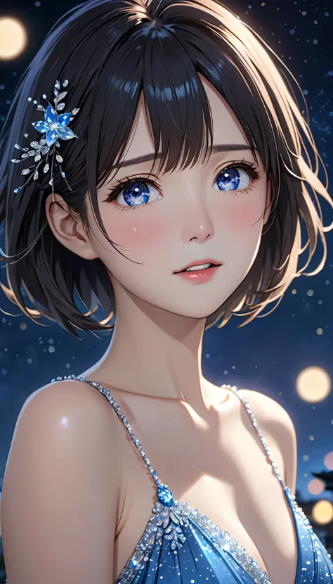 National Science Foundation,masterpiece,High resolution,8K,Art,digit,Kyoto Animation Style,your name movie style,Facing the camera,night,midnight,Light,(1 female: 1.3),(alone: 1.4),Sparkling Light Evening Dress,Swarovski crystals on evening gown,crystal ha...