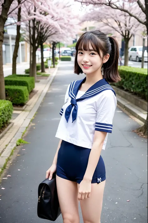 girls walking in cherry blossom street,white sailor shirt over navy blue school swimsuit,school bag,18-year-old,bangs,a little smile,thighs,knees,short hair and low ponytails with barrette,from below,front light