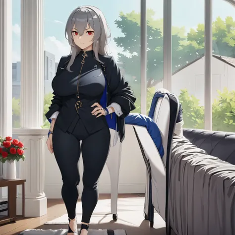 A woman wearing a gray suit, gray pants, long gray hair, womens shoes, red eyes, large breasts, full body, walking in a room with a large glass window overlooking trees, serious face, sunglasses on her head, HDR, ultra resolution, sharp, masterpiece, 8K HD...