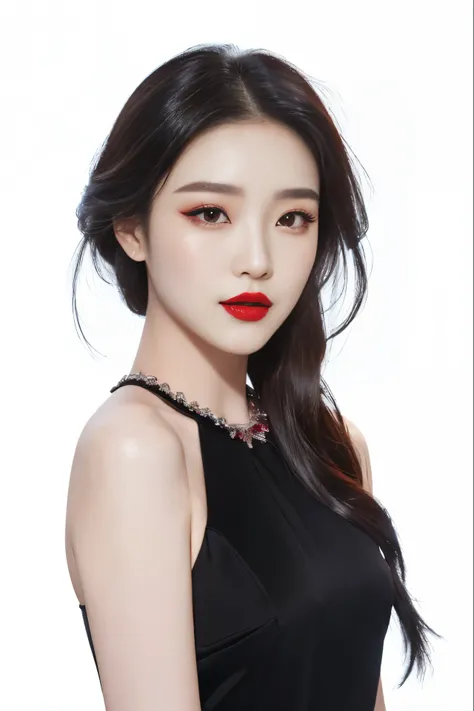 Close-up of a woman wearing red lipstick and a black dress, Korean popular makeup, Cui Xianhua, Li Zhien, Li Zhien, Korean popular makeup, Minami Zaiwa, Huang Shishi, Parking distance - minutes, Beautiful Korean woman, iu Li Zhien as a super villain, korea...