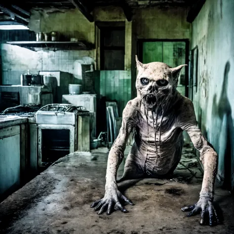 a photography  of  a large [cat|monster:0.8] sitting on the kitchen table inside a abandoned warehouse, shiny slimy skin, angry eyes, by Tom Savini