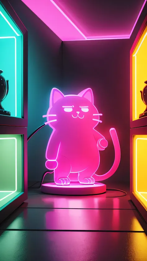 kong toy shelf with neon light, toy cat, pink neon color, 8k