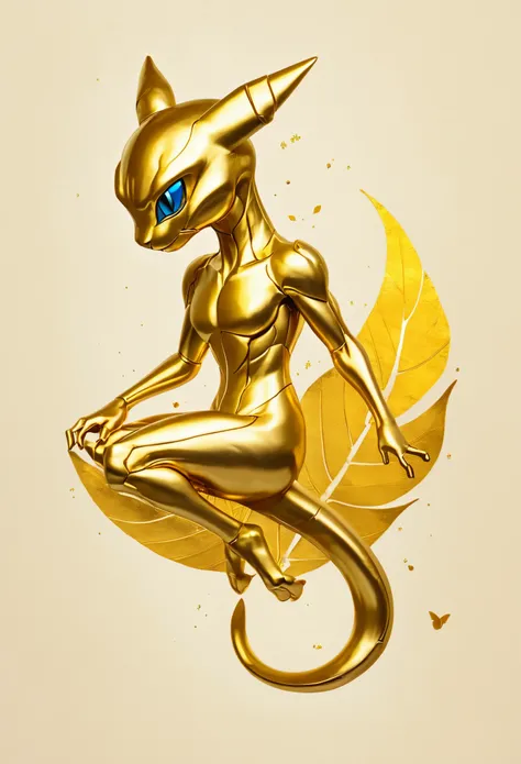 Gold Leaf Art，cute Mewtwo made of Gold Leaf，Concept Design，negative space，golden ratio，Compared，clear，HD，reality，2D，