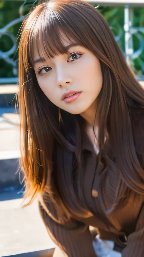 Best quality, 8k,  ,Masterpiece :1.3)), facing viewer,((full body1.2)) ,pretty woman, wide shot ,1girl, , selfie   , ,,  Bridge  , brown hair  , bangs,ultra-detailed face, highly detailed lips, detailed eyes, double eyelid