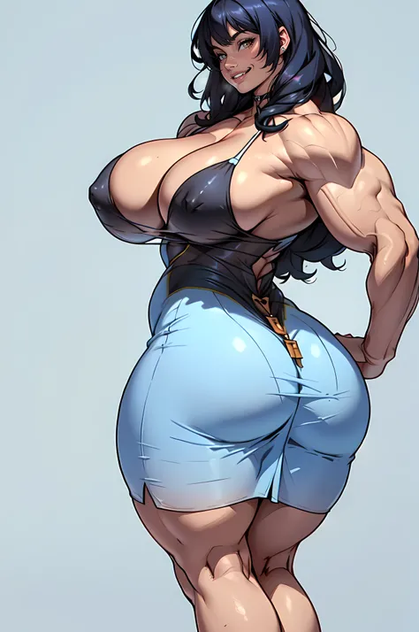 alone, solo woman, 1girl, ((((Massive Female Bodybuilder)))), (((huge muscular ass:1.3))), ((wide hips)), (slim waist), (((wide shoulders:1.4))), ((((Huge breasts:1.4)))), ((Perfect anatomy)), simple background micro bikini 1girl curly colored hair dark sm...