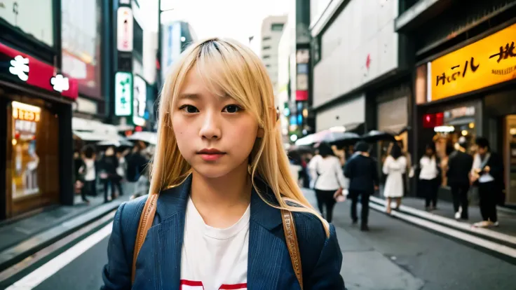 a 15 year old japanese girl with blonde hair walking through the streets of shinjuku