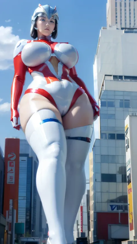 Ultraman、Giant、Taller than a building、woman、realistic、High level image quality、write, shiny suit、Ultramanボディスーツ、Silver and red bodysuit、professional photos、Do not expose your skin、Wearing a helmet,silver helmet,,((huge boobs)),((heavy body)),((wide hips)),...