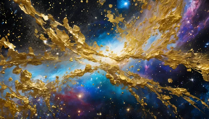 best quality, super fine, 16k, RAW photo, photorealistic, incredibly absurdres, extremely detailed, delicate, flashy and dynamic depiction, space fantasy, Milky Way made of gold leaf, glittering celestial bodies painted with shattered colorful gemstones, b...