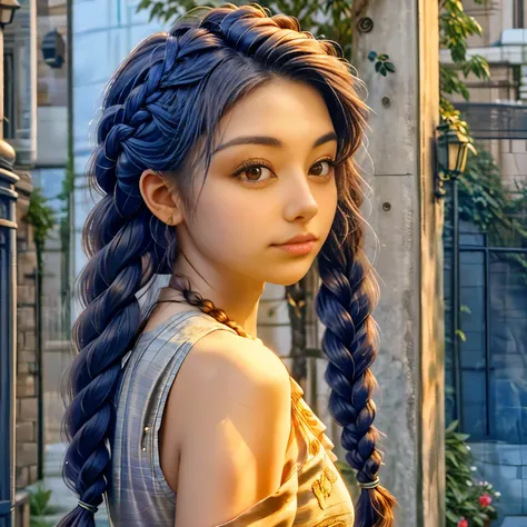 a close up of a woman with long hair in a braid, long braided hair, her hair is in a pony tail, long dark braided hair, long braided hair pulled back, long hairstyle, twisted braid, pretty long hair, braided hair. nightime, long braided curly brown hair, l...