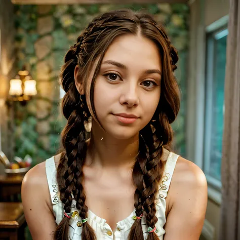 a close up of a woman with long hair in a braid, long braided hair, her hair is in a pony tail, long dark braided hair, long bra...