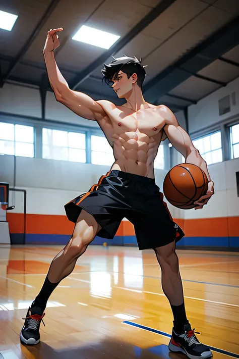 shirtless, super muscular, 22-year old short black hair handsome caucasian male wearing basketball shorts and rubber shoes, playing basketball, in the indoor basketball court