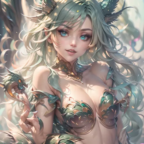 (best quality,4k,8k,highres,masterpiece:1.2, portrait), ultra-detailed, realistic, naked sexy dragon woman with green and blue glittering scales, skin is glittering green and blue scales, medium length wavy green hair with blonde highlights, very playful b...