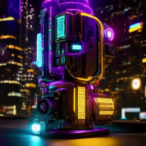 late night，cyberpunk lamp（（（side view）））side close-up，a close up of a robot with a glowing head and a purple background, cyber m...