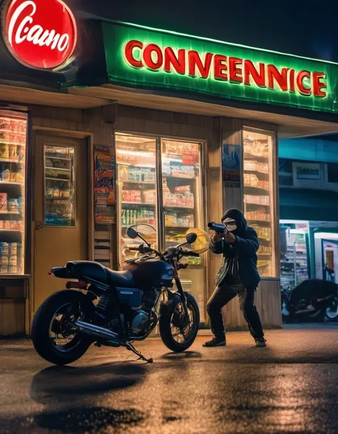 (midnight convenience store), Midnight convenience store，Shattered glass，Masked man with gun，firing a gun，motorcycle，commercial photography, Canon EF 35mm, f1.8, Photography, fine detail, highly photorealistic, HD, HDR, 8K, real-life.