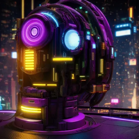 late night，cyberpunk lamp（（（side view）））side close-up，a close up of a robot with a glowing head and a purple background, cyber m...