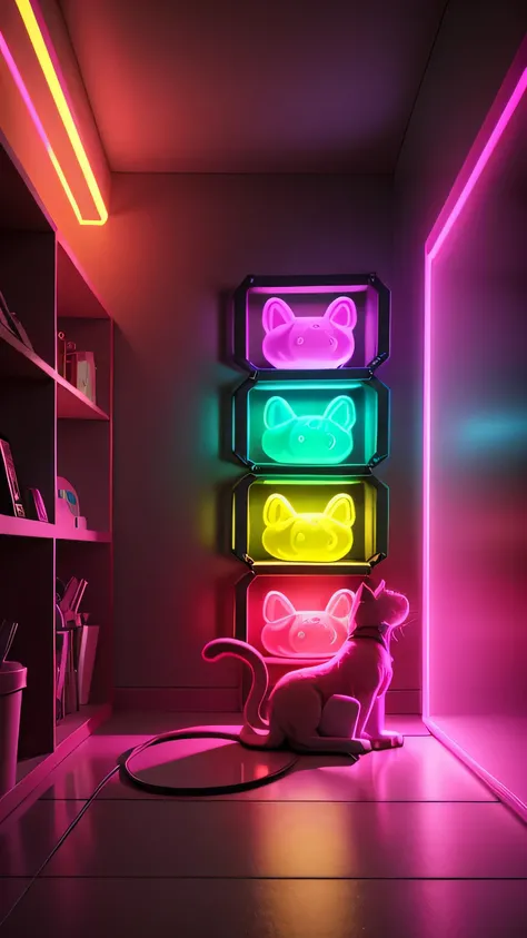 kong toy shelf with neon light, toy cat, pink neon color, 8k