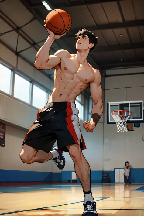 shirtless, super muscular, 22-year old short black hair handsome caucasian male wearing basketball shorts and rubber shoes, playing hoops, in the indoor basketball court