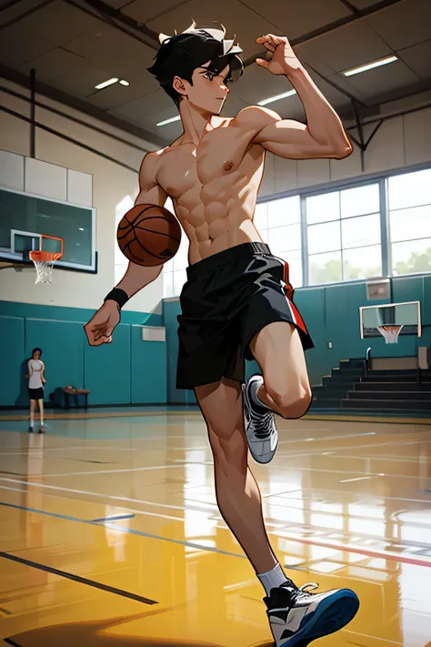 shirtless, super muscular, 22-year old short black hair handsome caucasian male wearing basketball shorts and rubber shoes, playing hoops, in the indoor basketball court