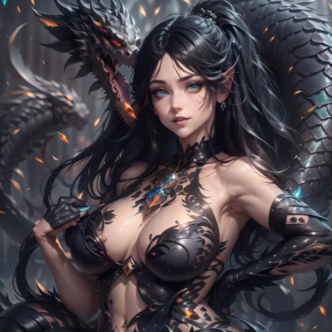 (best quality,4k,8k,highres,masterpiece:1.2, portrait), ultra-detailed, realistic, naked sexy dragon woman with glittering obsidian scales, skin is glittering obsidian black scales, long flowing black hair with amber highlights, very playful but mischievou...