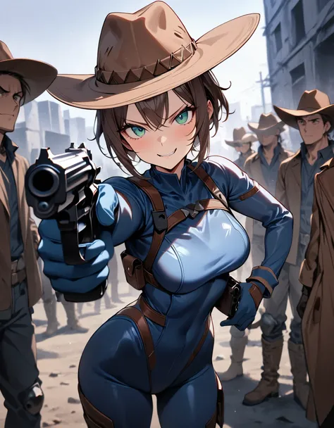 masterpiece, best quality, 1lady, solo, solo focus, (tall body), hispanic, brown hair, short hair, ponytail, blue-green eyes, medium breasts, beautiful detailed eyes, beautiful detailed face, smirk, ((brown cowboy hat)), ((bodysuit, solid blue bodysuit, le...