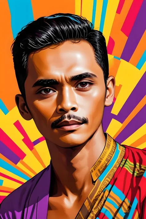 indonesia man , digital artwork, bold lines, vibrant, saturated colors