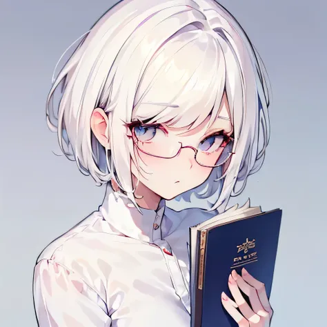 Girly girl, round glasses, white shirt, face close-up, white hair, light white eyes, pure, short hair, (Hair Over One Eye), smart, pencil, hugging her books, pixie haircut 