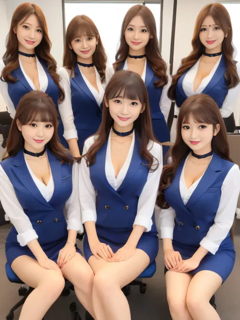 (group photo, multiple girls, Cute Japanese woman with a perfect body, 6 girls), (office ladies), (masterpiece, high quality:1.2), big breasts, Office Suits, (smile), (office), highly detailed face, navy suit、break, ((black choker, big breasts, blue eyes,...