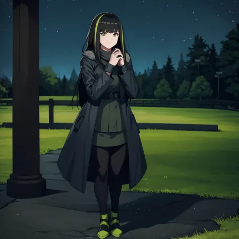 A woman wearing a black cold coat with green details, in a park at night, smiling, black hair with green bangs, full body.HDR, ultra resolution, sharp, masterpiece, 8K HD, (just a woman, solo)
