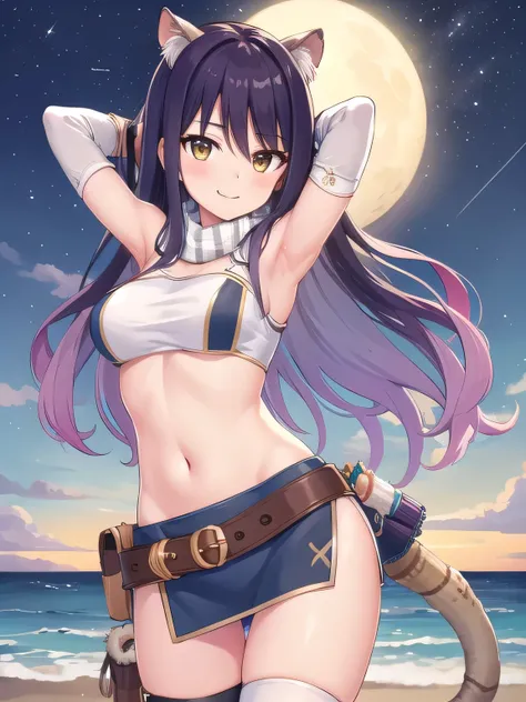 1girl, long hair, boots, thighhighs, midriff, skirt, crop top, quiver, bare shoulders, thighhighs under boots, bangs, gloves, belt, navel, breasts, vambraces, miniskirt, fingerless gloves, blush, Shiori, solo, night sky, beach, arms behind head, {contrappo...