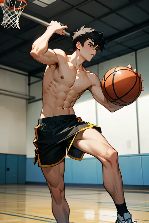 shirtless, super muscular, 22-year old short black hair handsome caucasian male wearing basketball shorts and rubber shoes, playing hoops, in the indoor basketball court