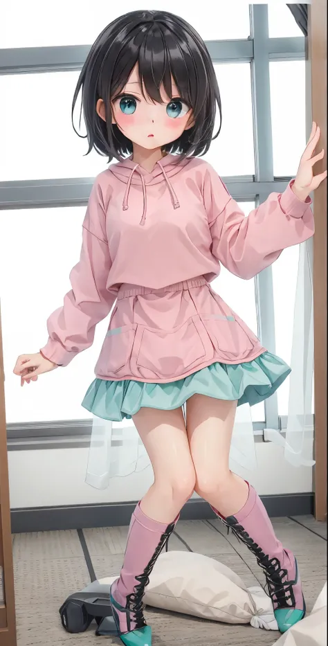 Dark girl with short hair，Shy，blush，Turquoise sweatshirt，Pink skirt，White knee-length socks，black boots，Classroom scene，for the audience，stand