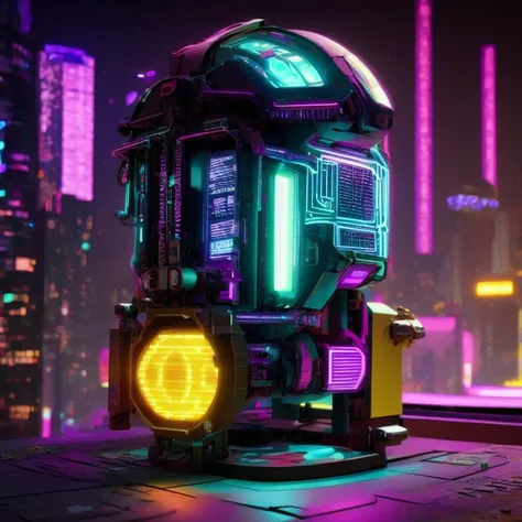 late night，cyberpunk lamp（（（side view）））side close-up，a close up of a robot with a glowing head and a purple background, cyber m...