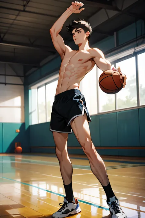 shirtless, super muscular, 22-year old short black hair handsome caucasian male wearing basketball shorts and rubber shoes, playing basketball, shooting the ball, in the indoor basketball court