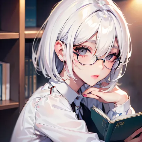 girly girl, round glasses, white shirt, face close-up, white hair, light white eyes, pure, short hair, (hair over one eye), smar...