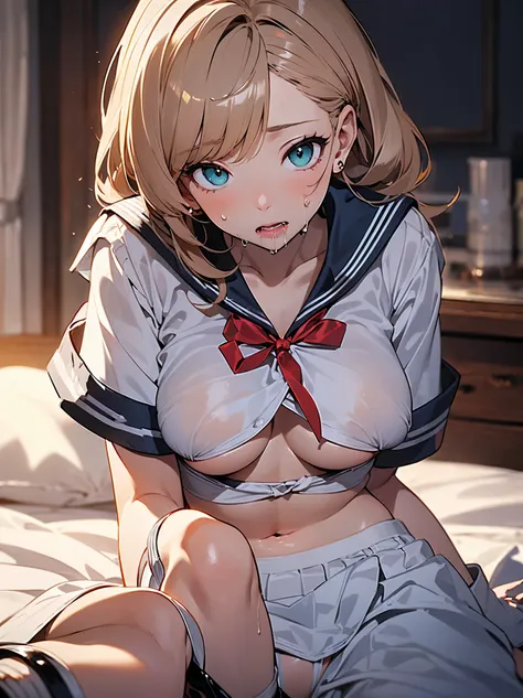 1 woman, HD quality, (ahegao:1.3), (orgasm:1.3), (drooling:1.3), steam, sheer white long thigh-high socks, sheer white satin long gloves, (glowing eyes), best ratio four finger and one thumb,  (Large breasts), cleavage, (sitting on a bed with one knee up, ...