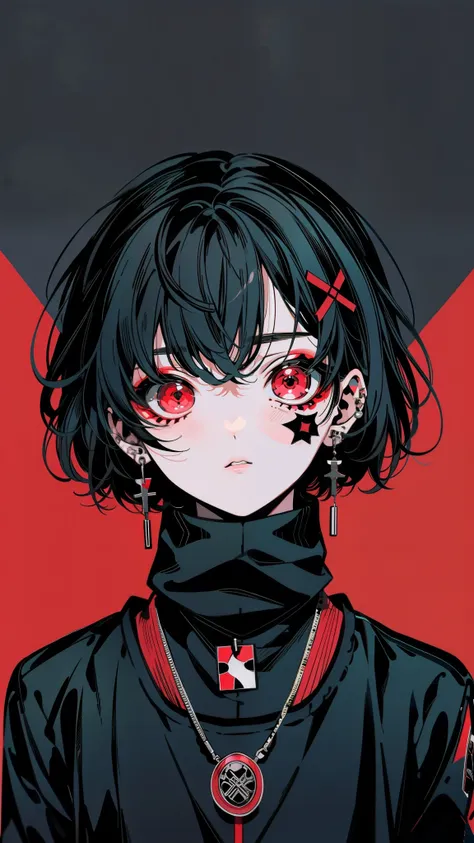 girl, short gray hair, serious face, bright red eyes, cross tattoo on face, ear accessories, black turtleneck shirt, portrait, white background, low contrast,  from the bottom to the top shot, looking down, face focus, black poce anime screencap, redline s...