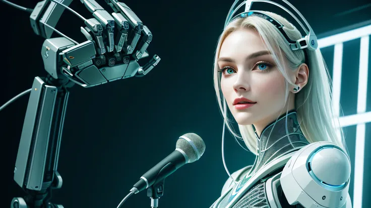 ultra detailed beautiful porcelain android woman face, she holds the microphone like a dj, zolotisní world,  robotic parts, 150 ...